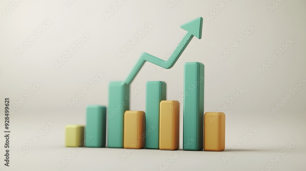 3D bar chart in green and yellow colors with an upward arrow, representing growth and success in business and finance. 3D bar chart in green and yellow colors with an upward arrow, representing growth and success in business and finance.