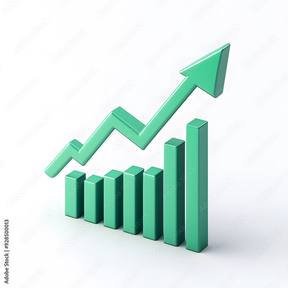 3D bar chart with an upward arrow depicting growth and success in business or finance. Isolated on white background. 3D bar chart with an upward arrow depicting growth and success in business or finance. Isolated on white background.