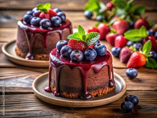 Decadent homemade chocolate cakes smothered in fresh blueberry and strawberry sauce adorn a wooden table, bathed in warm natural light, tempting indulgence in an outdoor cafe setting.