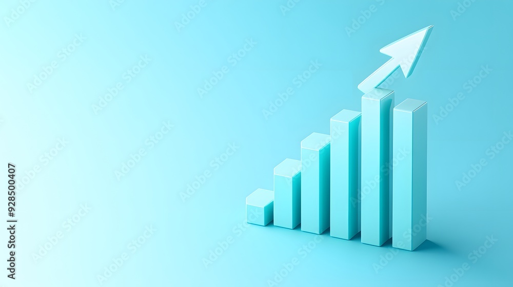 3D bar chart with an upward arrow symbolizing growth and success on a light blue background. Perfect representation of business growth. 3D bar chart with an upward arrow symbolizing growth and success on a light blue background. Perfect representation of business growth.