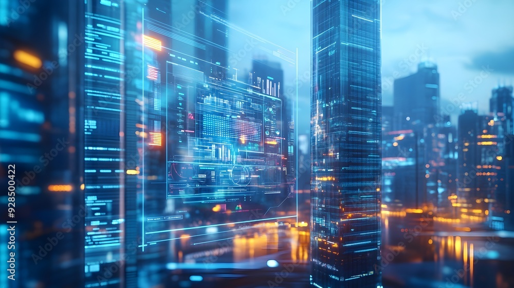 Futuristic Cityscape with Digital Interface and Lights Futuristic Cityscape with Digital Interface and Lights