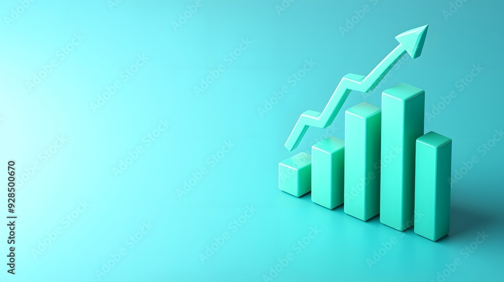3D bar chart with ascending arrows on turquoise background representing growth, success, and increasing trends in business and finance. 3D bar chart with ascending arrows on turquoise background representing growth, success, and increasing trends in business and finance.