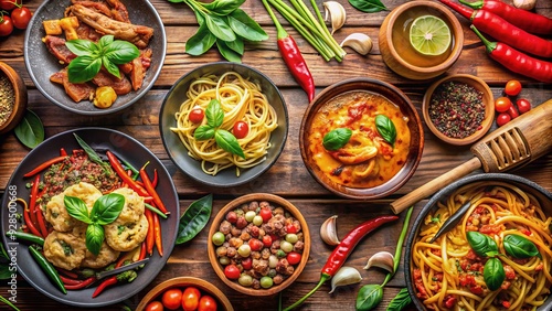 Vibrant culinary delights from around the world, featuring spicy Thai street food, rich Italian pasta dishes, and exotic flavors, showcasing global gastronomic diversity.