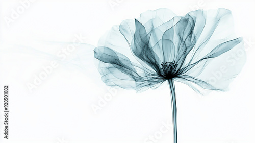 Beautiful single-flower X-ray, minimalist, white background, monochrome, blue shades, soft edges, blurred detail.

