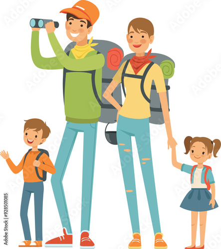 Tourist parents and kids on family outdoor trip looking on nature