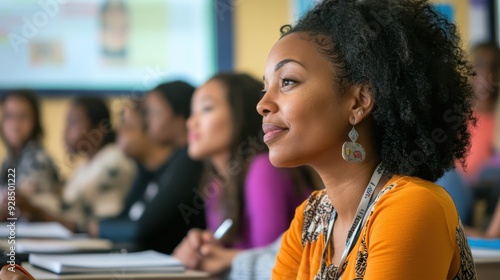 A classroom filled with mature students from diverse backgrounds, each one deeply engrossed in their studies, with notebooks open and pens in hand, while a teacher explains concepts using a digital photo