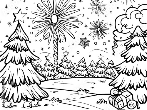Charming in a snowy landscape with trees, perfect for holiday coloring. Vector, generative ai.