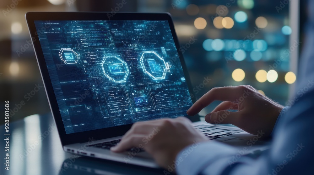 Close-up of a person using a laptop with futuristic digital interface, showcasing advanced technology and data analysis. Close-up of a person using a laptop with futuristic digital interface, showcasing advanced technology and data analysis.