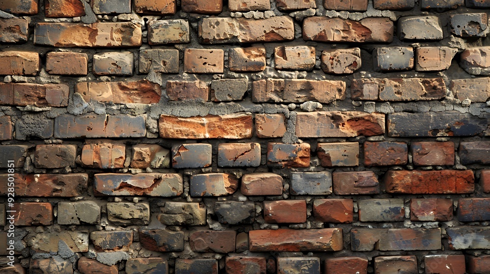 Fototapeta premium Weathered red brick wall with chipped bricks and mortar.