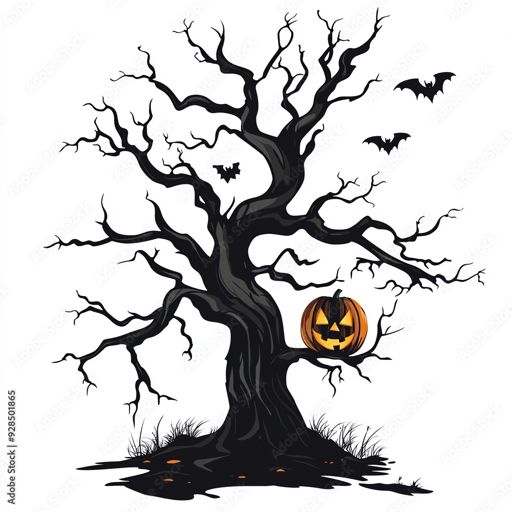 Spooky Halloween tree with bats and pumpkin. Spooky Halloween tree with bats and pumpkin.