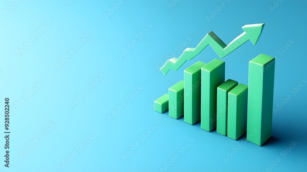 3D bar chart with upward trend arrow on blue background representing business growth, success, and financial progress. 3D bar chart with upward trend arrow on blue background representing business growth, success, and financial progress.