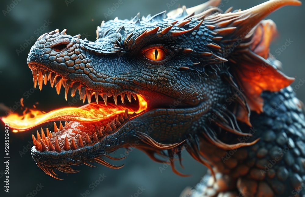 Close-up of a dragon with an open, glowing mouth Close-up of a dragon with an open, glowing mouth