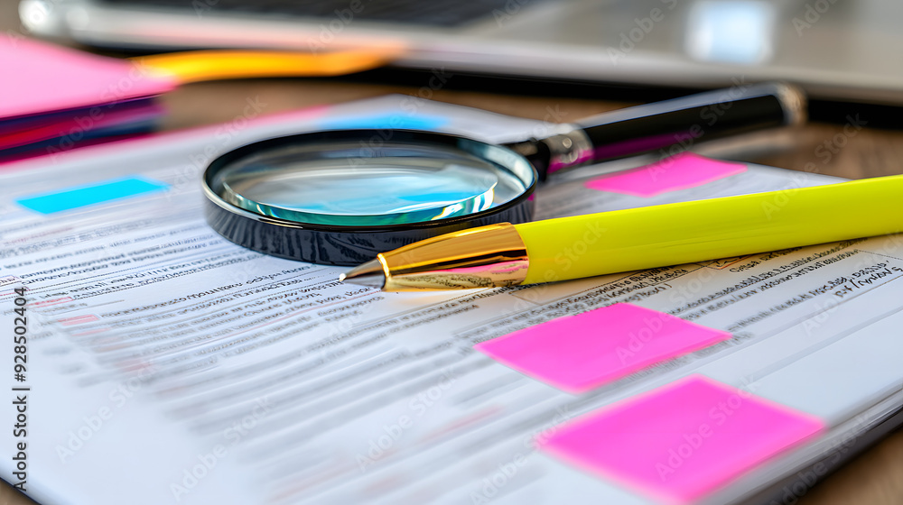 Fototapeta premium Close-Up of Well-Organized File Folder with Closing Cost Statements, Highlighter Pen and Magnifying Glass, Underlining Document Review
