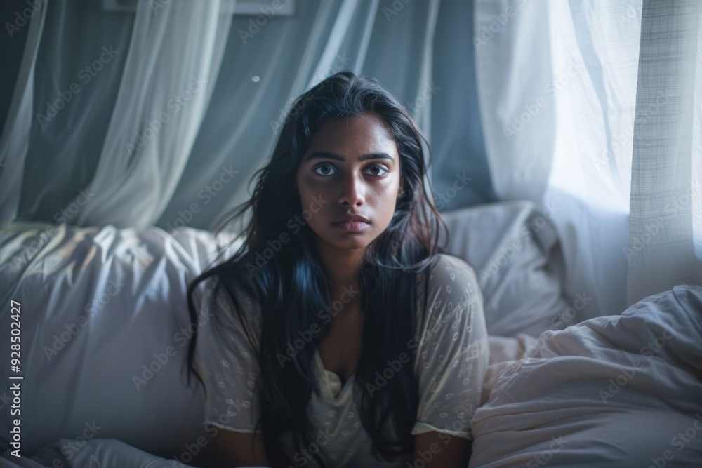 Young woman seated on a bed, looking contemplatively at the camera, with soft natural light filtering through sheer curtains Young woman seated on a bed, looking contemplatively at the camera, with soft natural light filtering through sheer curtains
