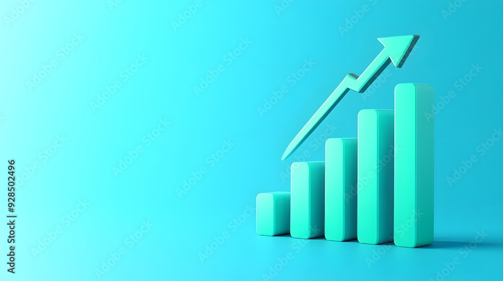 3D bar graph chart with upward arrow showing business growth and success on a light blue background. 3D bar graph chart with upward arrow showing business growth and success on a light blue background.