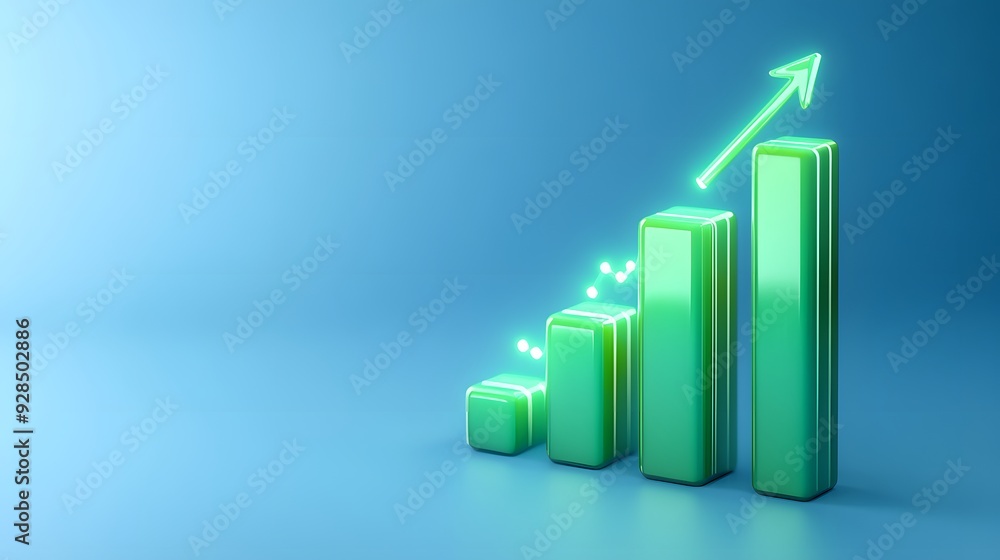 3D bar graph showing growth with an upward arrow on a blue background, representing business success and financial increase. 3D bar graph showing growth with an upward arrow on a blue background, representing business success and financial increase.