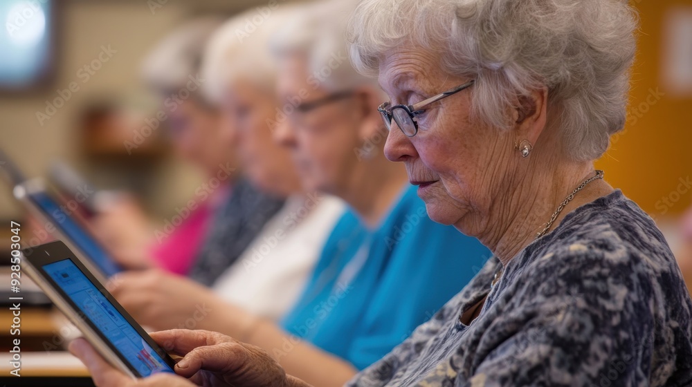A serene and focused image of a small group of seniors in a technology class, each one attentively following along with their tablets as the instructor guides them through a step-by-step tutorial, A serene and focused image of a small group of seniors in a technology class, each one attentively following along with their tablets as the instructor guides them through a step-by-step tutorial,
