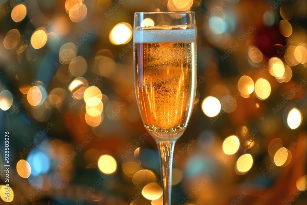 Festive Champagne Glass with Holiday Decor and Bokeh Lights in Background Festive Champagne Glass with Holiday Decor and Bokeh Lights in Background