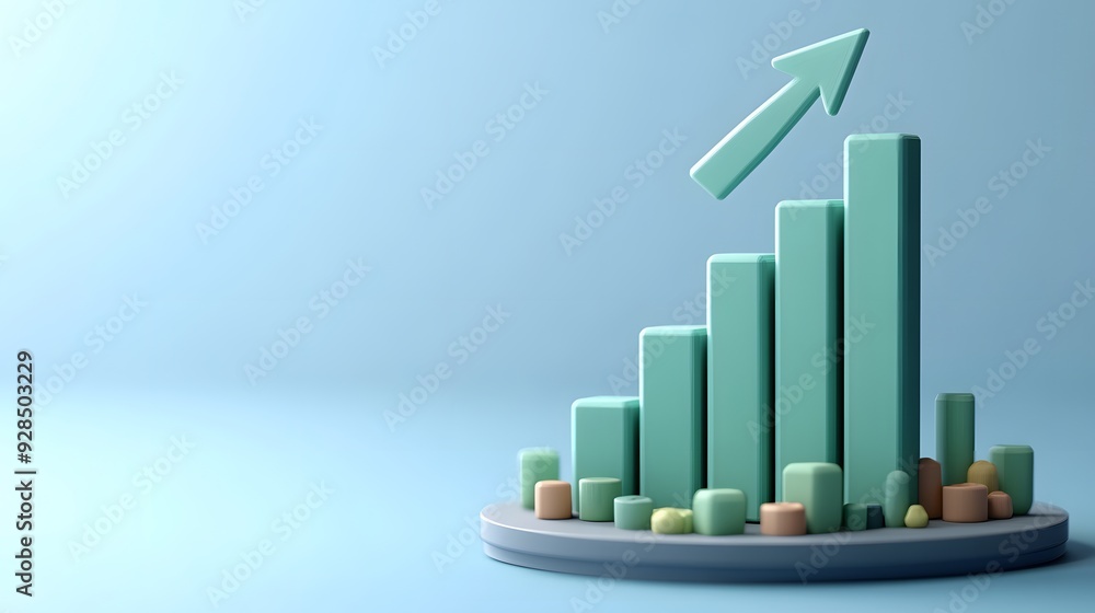 3D bar graph with an upward arrow, showing growth and business success on a blue background. 3D bar graph with an upward arrow, showing growth and business success on a blue background.
