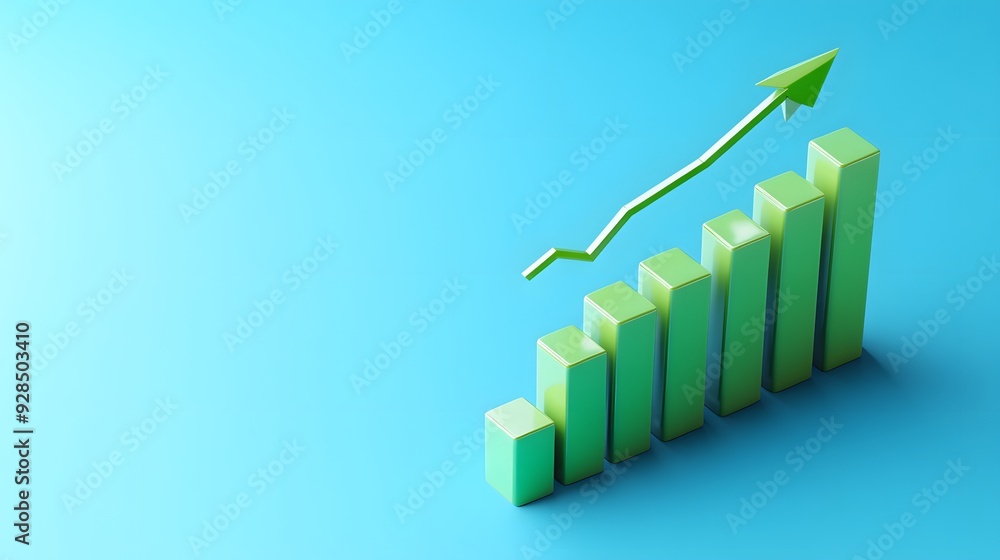 3D bar graph with an upward arrow on a blue background indicating growth, progress and business success. 3D bar graph with an upward arrow on a blue background indicating growth, progress and business success.