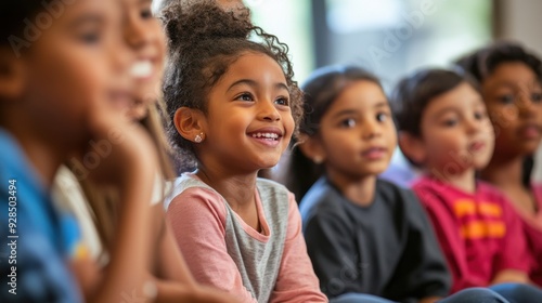 Elementary school students participating in a storytelling session, their faces filled with wonder and imagination, as they listen to a teacher narrate an engaging story, fostering a love of reading