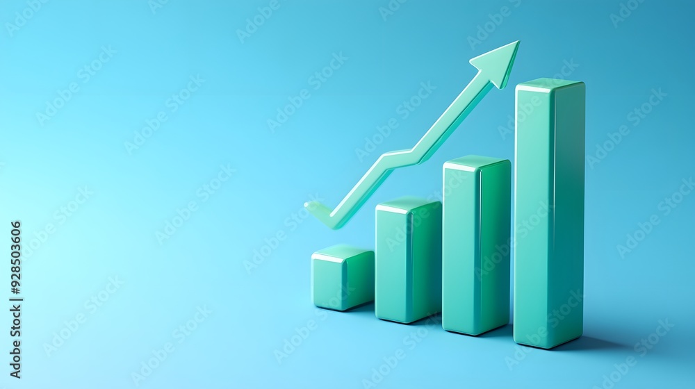 3D bar graph with an upward arrow representing growth and progress on a light blue background, symbolizing business success and development. 3D bar graph with an upward arrow representing growth and progress on a light blue background, symbolizing business success and development.
