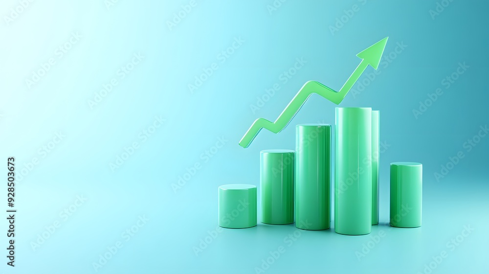 3D bar graph with an upward arrow representing growth and success in business or finance on a light blue background. 3D bar graph with an upward arrow representing growth and success in business or finance on a light blue background.