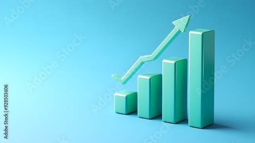 3D bar graph with an upward arrow representing growth and progress on a light blue background, symbolizing business success and development.