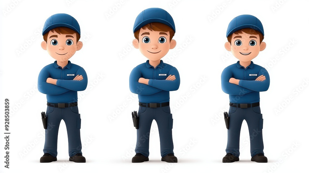 Three cheerful cartoon characters representing service professionals in blue uniforms and hats, showcasing teamwork and friendliness. Three cheerful cartoon characters representing service professionals in blue uniforms and hats, showcasing teamwork and friendliness.