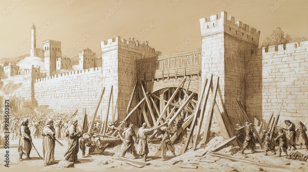 Fototapeta premium Biblical Illustration of The Wall Repaired: People Repairing the Gates of Jerusalem, With Craftsmen Carving and Fitting New Wooden Beams While Others Reinforce Stonework