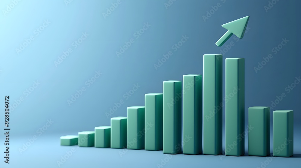 3D bar graph with arrow showing upward trend on blue background, symbolizing growth, progress, and positive business performance. 3D bar graph with arrow showing upward trend on blue background, symbolizing growth, progress, and positive business performance.