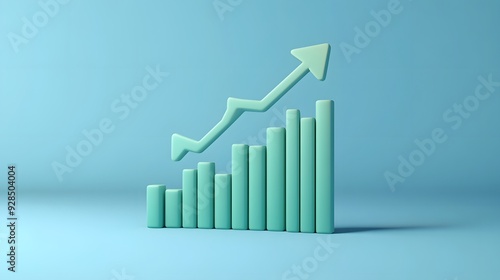 3D bar graph with arrow showing growth on blue background, representing business and financial progress and improvement.