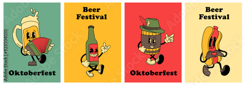 Retro poster with retro Beer, Hot Dog mascot character. 40s, 50s, 60s old animation style. Oktoberfest mascot