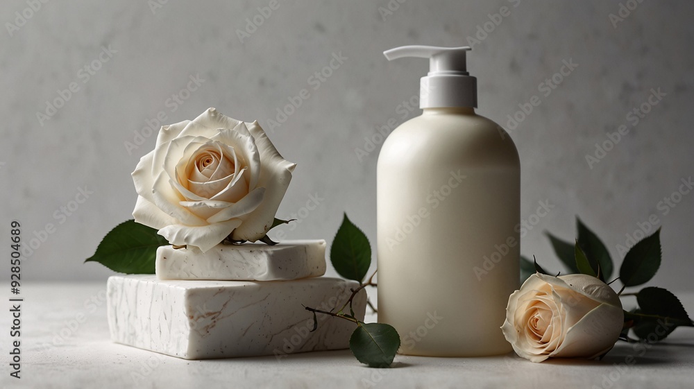 A lotion bottle with white roses arranged on a marble soap bar, creating a luxurious and natural setting for skincare products. A lotion bottle with white roses arranged on a marble soap bar, creating a luxurious and natural setting for skincare products.