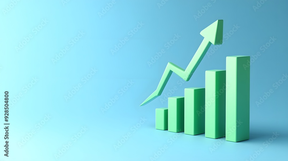 3D bar graph with rising arrow on blue background symbolizing business growth and positive financial trends. 3D bar graph with rising arrow on blue background symbolizing business growth and positive financial trends.