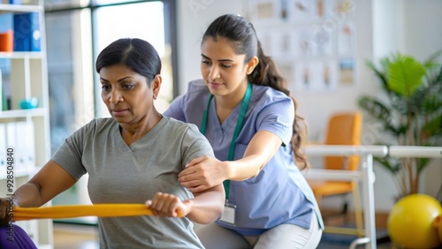 Indian Physical Therapist Assisting Patient - Indian female physical therapist helping a patient with rehabilitation exercises, focusing on recovery and mobility.
