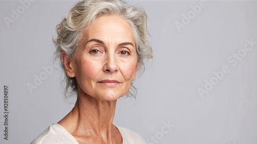 A gracefully aged woman with silver hair and soft skin looks solemnly at the camera in a neutral background. photo