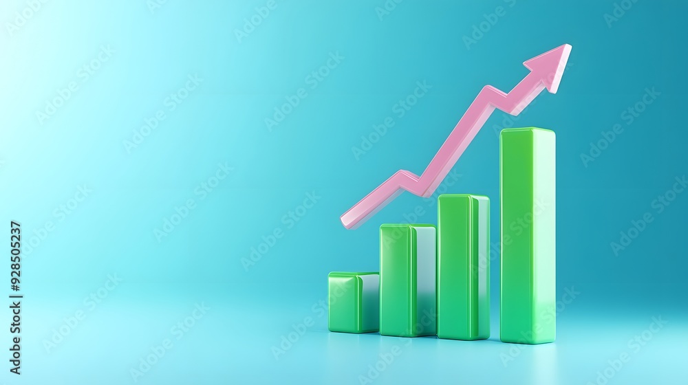 3D bar graph with upward arrow on blue background, representing growth and progress in business or finance. 3D bar graph with upward arrow on blue background, representing growth and progress in business or finance.