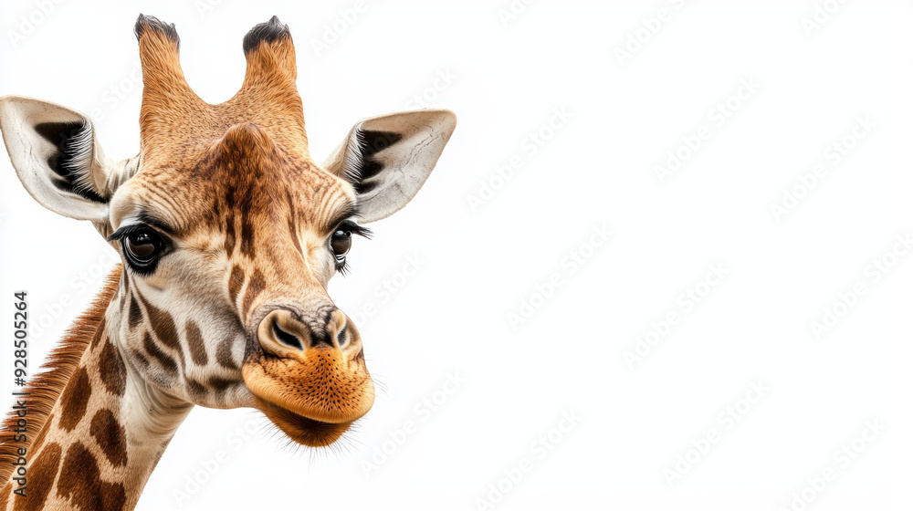 Obraz premium A giraffe is looking at the camera with its mouth open