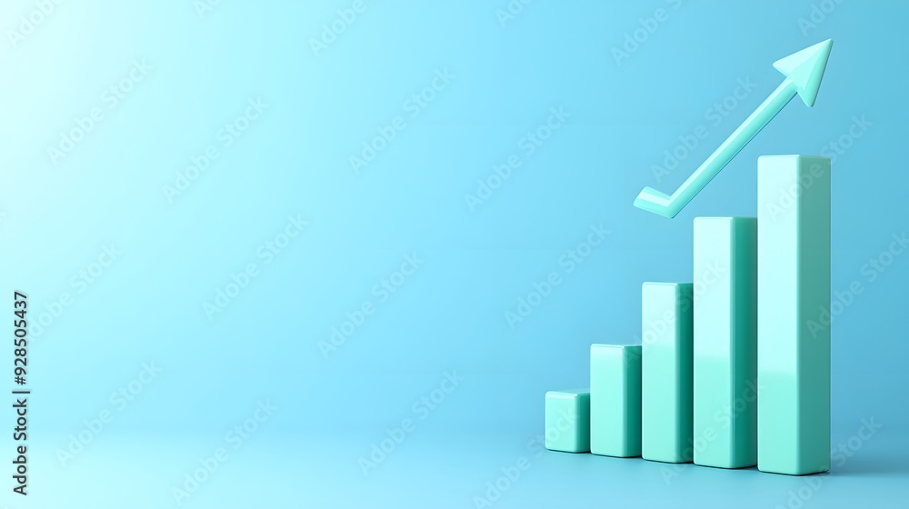 3D bar graph with upward arrow on blue background symbolizing growth, success, and business progress. Ideal for financial and business concepts. 3D bar graph with upward arrow on blue background symbolizing growth, success, and business progress. Ideal for financial and business concepts.