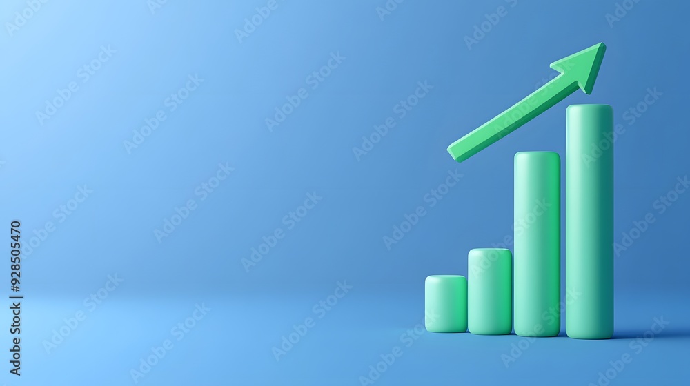 3D bar graph with upward arrow on blue background symbolizing growth, success, and business progress. Ideal for presentations and reports. 3D bar graph with upward arrow on blue background symbolizing growth, success, and business progress. Ideal for presentations and reports.