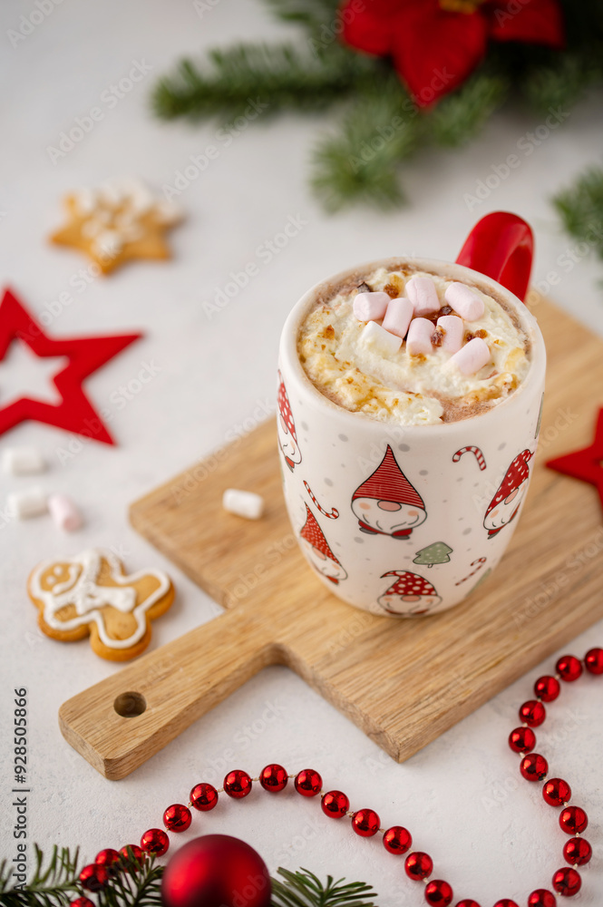 Winter hot chocolate with marshmallows in a mug with Christmas gnomes on a light background. Cozy still life with cocoa drink, Christmas cookies and decorations, marshmallows, fir branch and lights. Winter hot chocolate with marshmallows in a mug with Christmas gnomes on a light background. Cozy still life with cocoa drink, Christmas cookies and decorations, marshmallows, fir branch and lights.
