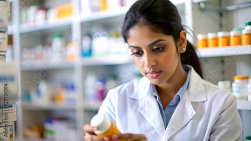 Indian Pharmacist Preparing Medication - Indian female pharmacist preparing and labeling medication in a pharmacy, ensuring accuracy and patient safety.
 photo