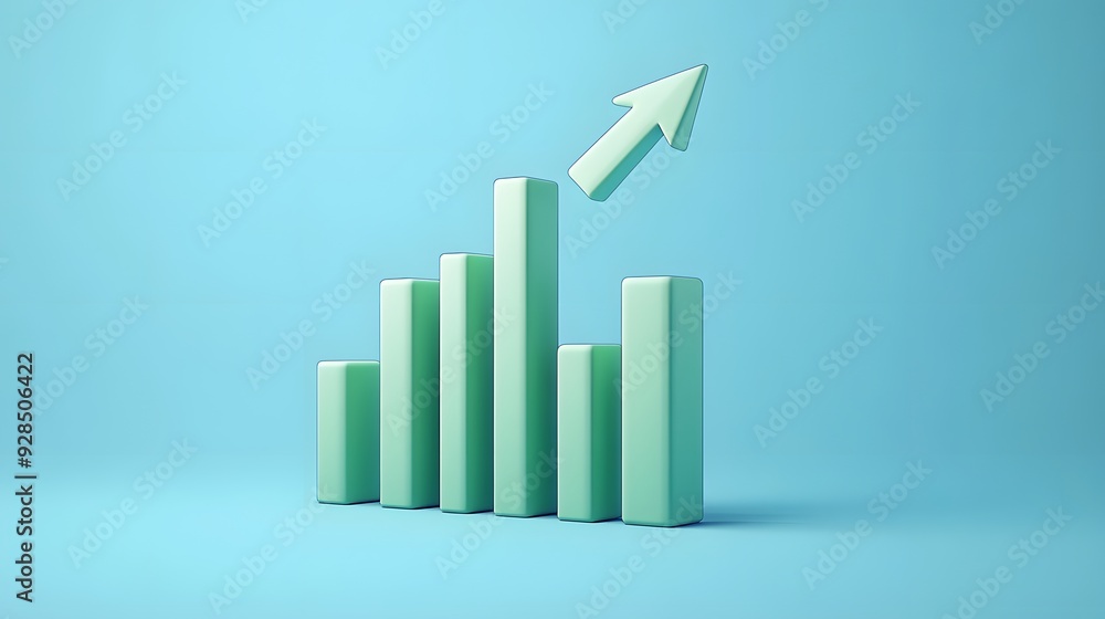 3D graph with ascending bars and an upward arrow, symbolizing growth, success, and positive trend against a blue background. 3D graph with ascending bars and an upward arrow, symbolizing growth, success, and positive trend against a blue background.