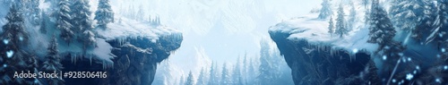 Winter's Grand Vista: anime-style Enchanted Aerial View Over a Majestic Forest at the Foot of a Cliff, Capturing the Season's Splendor,Anime-Style,illustration,Picture BooksFor Poster,Novel,UI,WEB,Gam