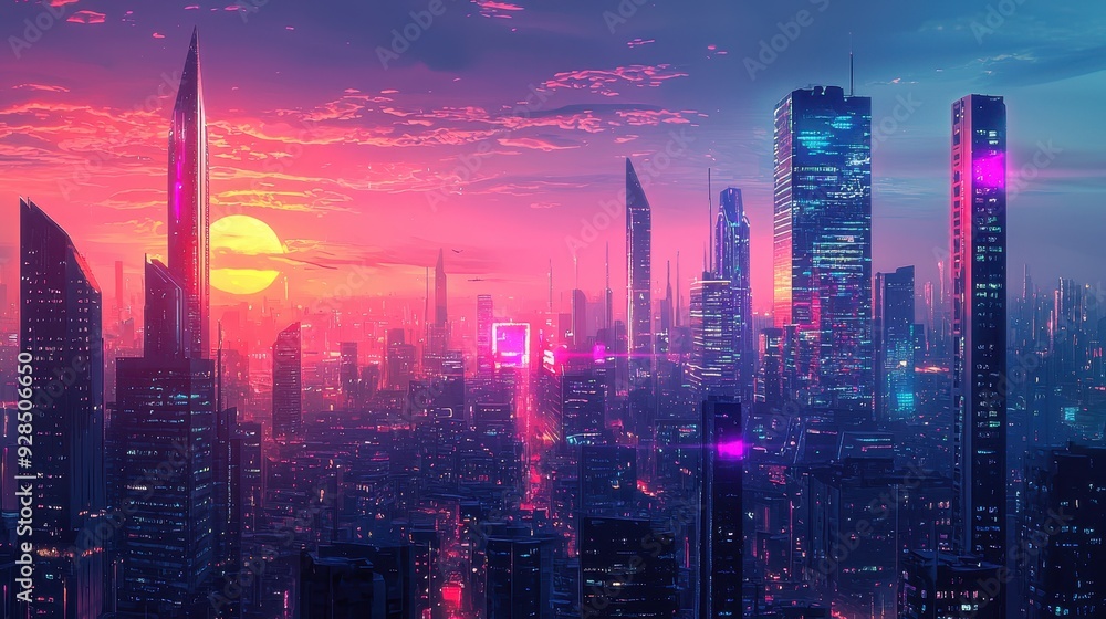Obraz premium Futuristic Cityscape at Sunset.