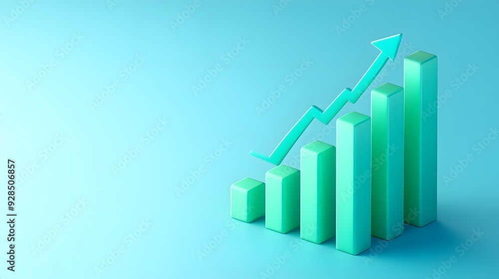 3D graph with upward arrow showing growth or progress on a turquoise background, ideal for business or finance concepts. 3D graph with upward arrow showing growth or progress on a turquoise background, ideal for business or finance concepts.