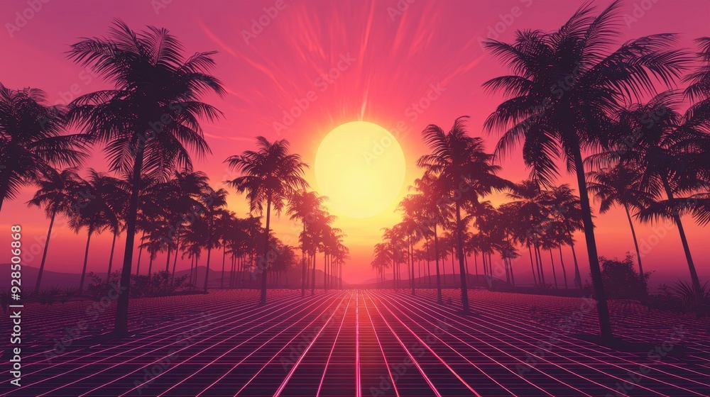 Naklejka premium Retro Sunset with Palm Trees and Neon Grid.