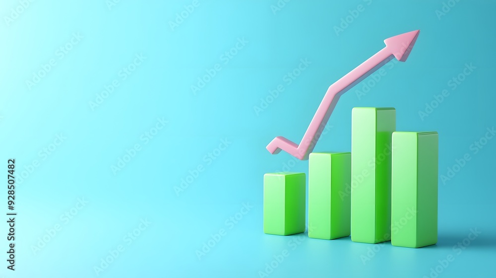 3D green bar chart with a pink upward arrow on a blue background, symbolizing growth and success in business and finance. 3D green bar chart with a pink upward arrow on a blue background, symbolizing growth and success in business and finance.