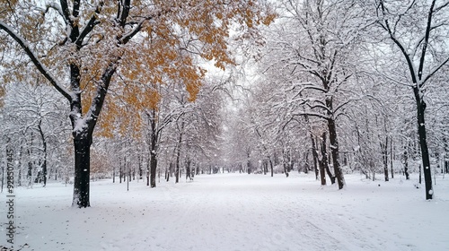 Beautiful snowy scenery in the park. Seasonal changes and cold weather. Natural background with snow-covered trees. Generative ai